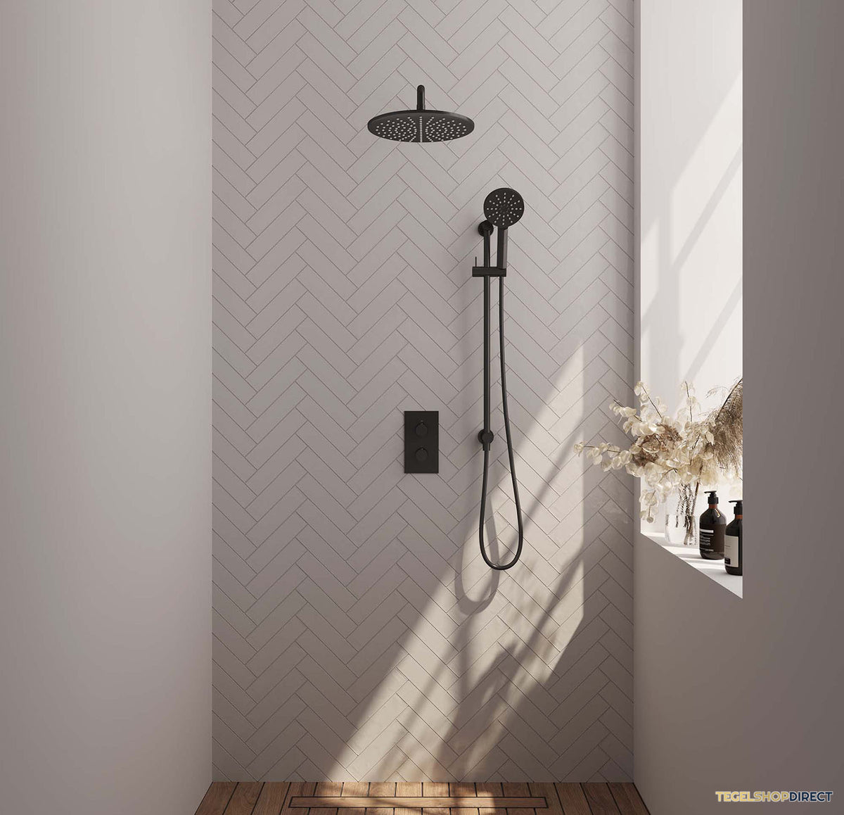 Regendoucheset Inbouw Brauer Black Carving Thermostatisch 30cm 3-Weg Omstelling Gebogen Wandarm Glijstang 3-Standen Handdouche Mat Zwart – afbeelding 2