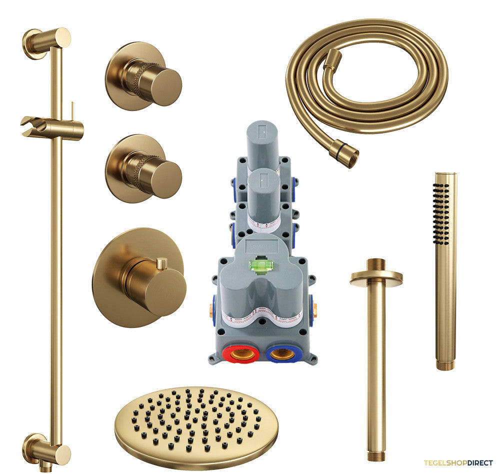 Regendoucheset Inbouw Brauer Gold Edition Thermostatisch 20cm met Plafondarm, Glijstang en Handdouche Staaf Losse Stopkranen Geborsteld Goud – afbeelding 2