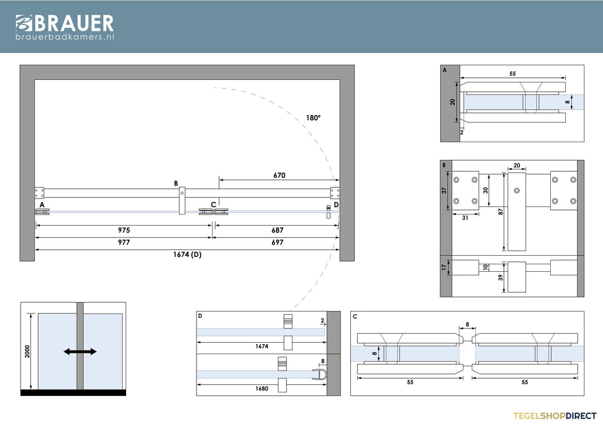 BRAUER Void nisdeur 2-delig helder glas 170x200 omkeerbaar met draaideur 70 aan glas incl. glascoating PVD RVS-kleurig – afbeelding 6