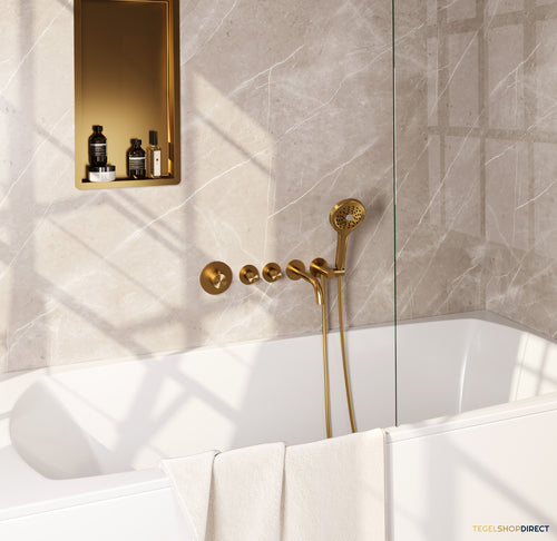 Brauer Stripe thermostatische inbouw badkraan SET 02 met uitloop en 3-standen handdouche en doucheslang en wandaansluitbocht goud geborsteld PVD