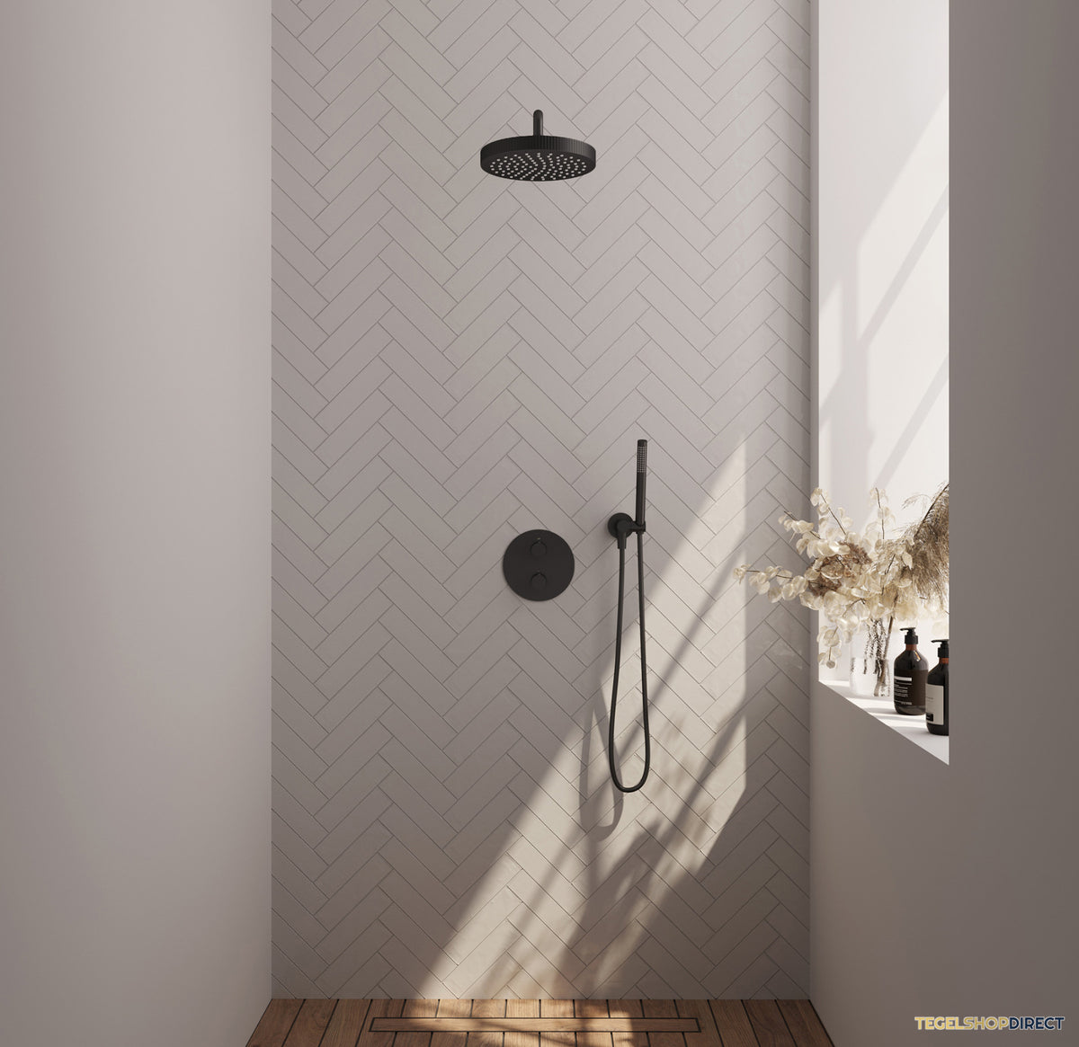 Brauer Stripe thermostatische inbouw regendouche 3-weg rond SET 38 met 25 cm douchekop en gebogen muurarm en staaf handdouche en doucheslang en wandaansluitbocht mat zwart – afbeelding 2