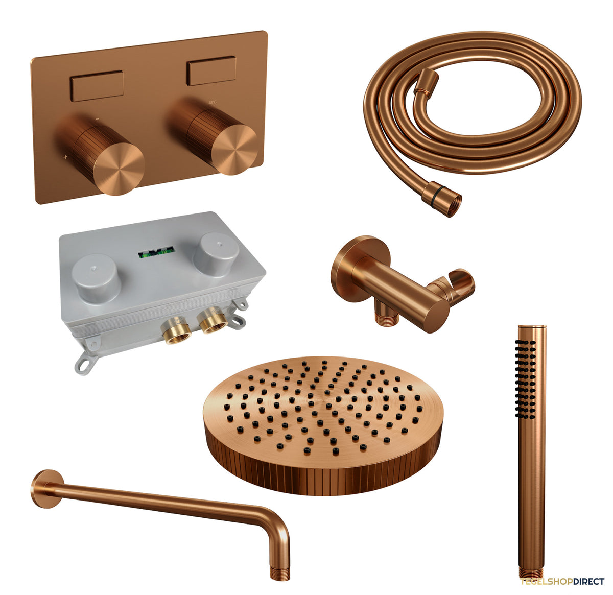 Brauer Stripe thermostatische inbouw regendouche met drukknoppen SET 26 met 25 cm douchekop en gebogen muurarm en staaf handdouche en doucheslang en wandaansluitbocht koper geborsteld PVD – afbeelding 3