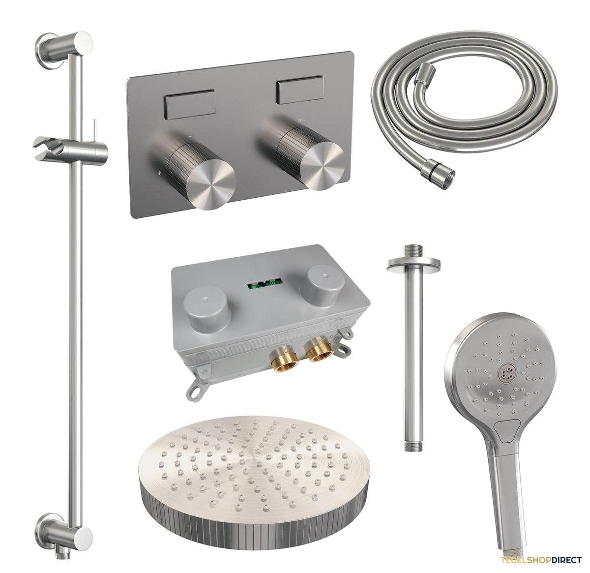 Brauer Stripe thermostatische inbouw regendouche met drukknoppen SET 36 met 25 cm douchekop en plafondarm en 3-standen handdouche en doucheslang en geintegreerde glijstang RVS-kleurig geborsteld PVD – afbeelding 3