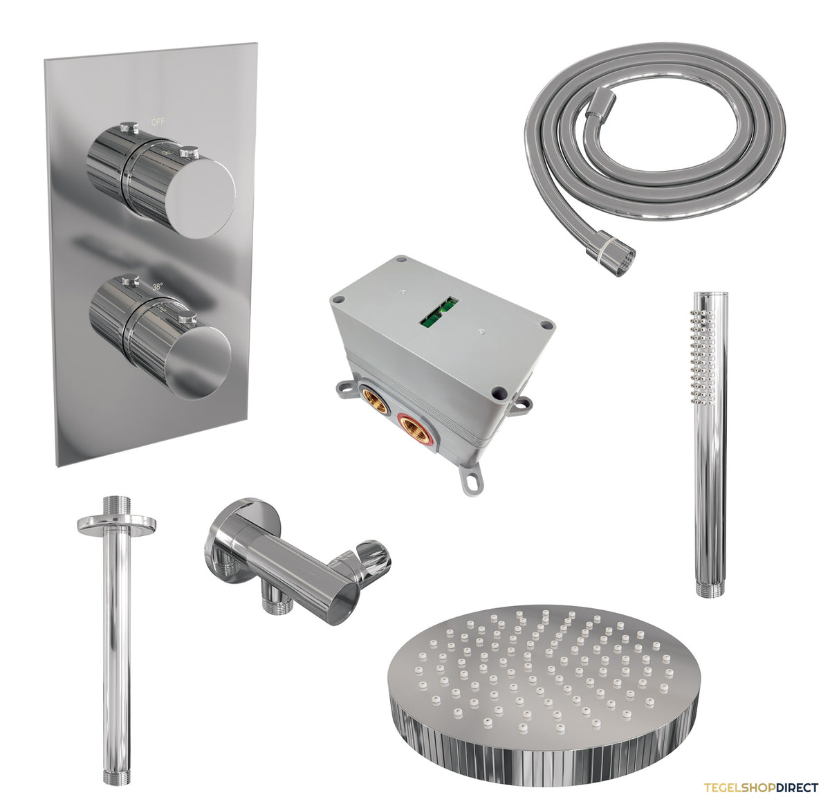 Brauer Stripe thermostatische inbouw regendouche 3-weg rechthoekig SET 15 met 25 cm douchekop en plafondarm en staaf handdouche en doucheslang en wandaansluitbocht chroom – afbeelding 3