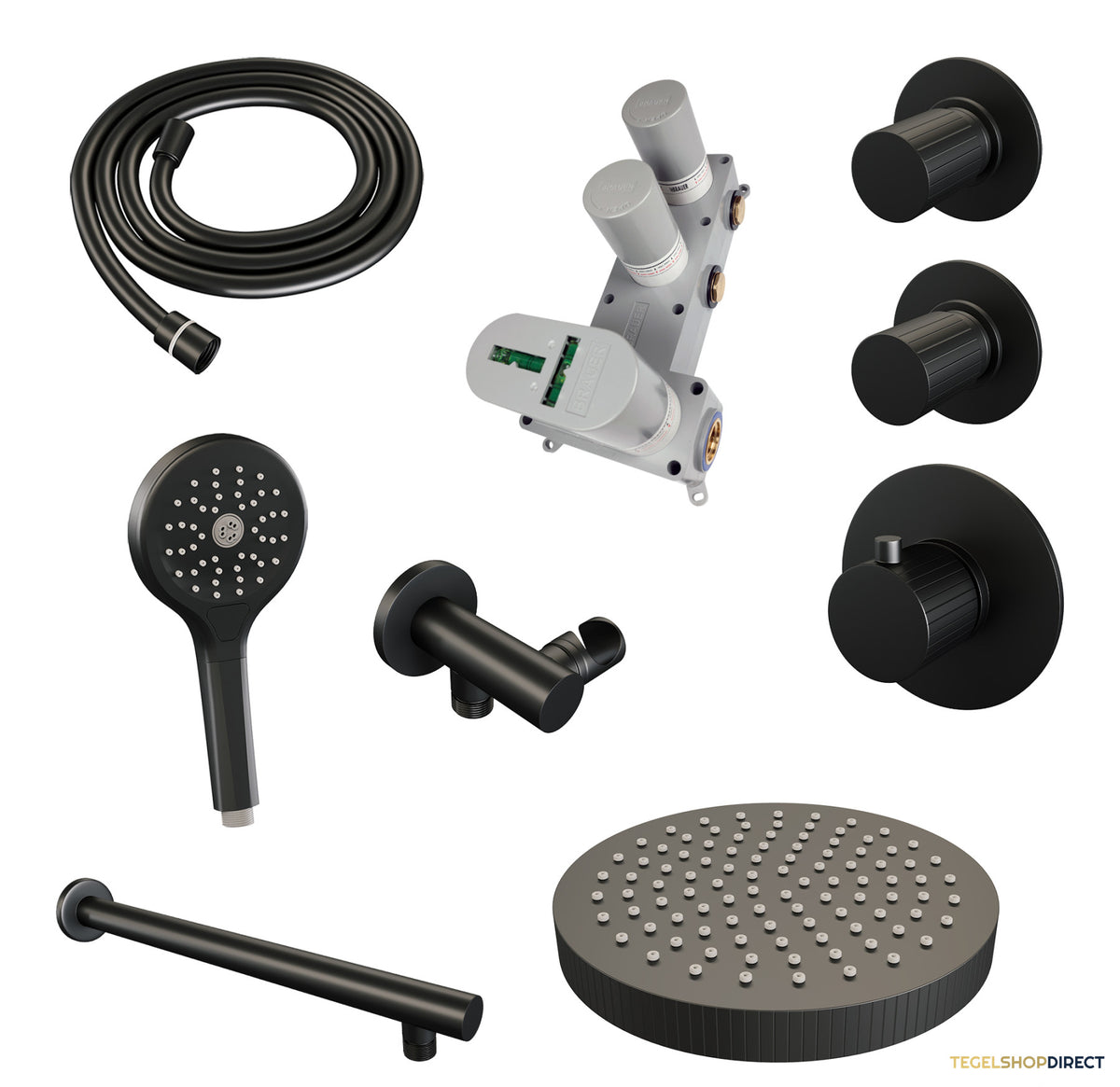 Brauer Stripe thermostatische inbouw regendouche SET 04 met 25 cm douchekop en rechte muurarm en 3-standen handdouche en doucheslang en wandaansluitbocht mat zwart – afbeelding 3