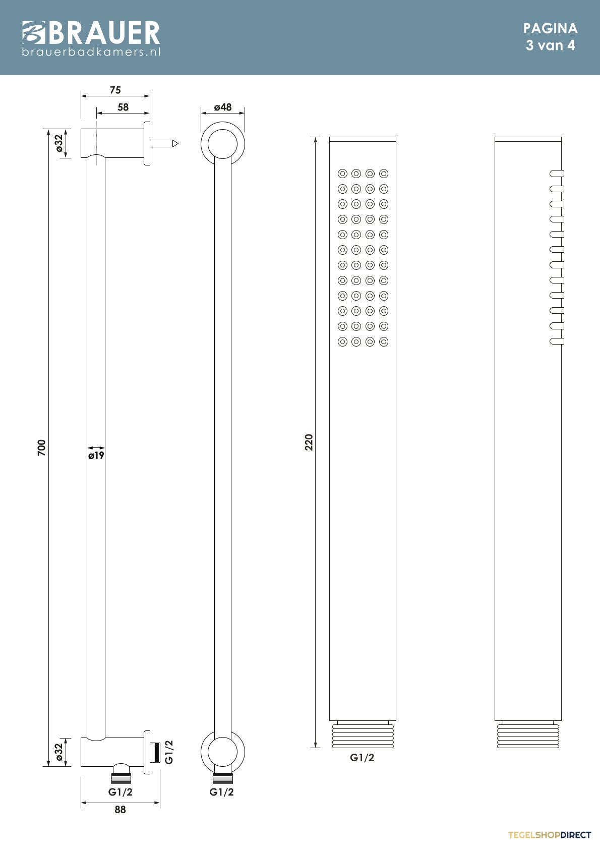 Brauer Stripe thermostatische inbouw regendouche 3-weg rond SET 44 met 25 cm douchekop en gebogen muurarm en staaf handdouche en doucheslang en geintegreerde glijstang RVS-kleurig geborsteld PVD – afbeelding 11
