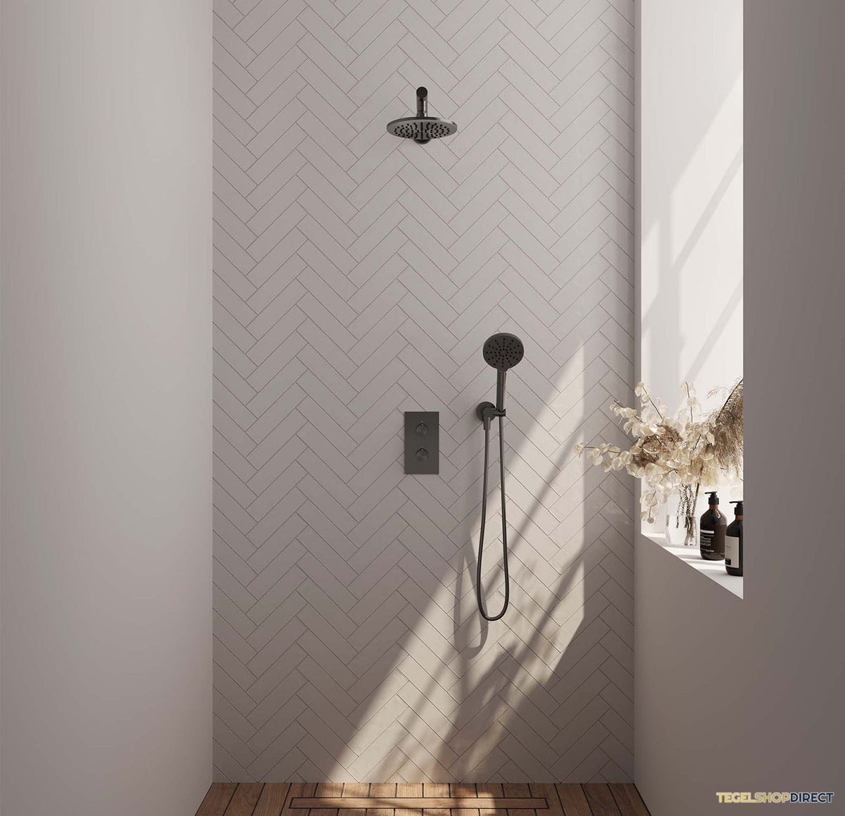 Regendoucheset Inbouw Brauer Gunmetal Carving Thermostatisch 20cm met 3-Weg Omstelling, Wandarm en 3-Standen Handdouche Geborsteld Gunmetal – afbeelding 2