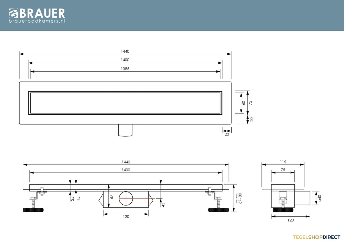 Douchegoot Brauer Zero RVS Inclusief Vloerflens 140x7 cm Tegelinlegrooster Omkeerbaar – afbeelding 5