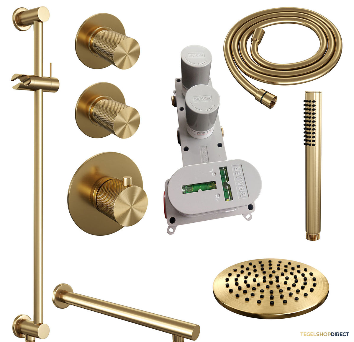 Regendoucheset Inbouw Brauer Gold Carving Thermostatisch 20cm met Wandarm, Glijstang en Handdouche Staaf Losse Stopkranen Geborsteld Goud – afbeelding 4