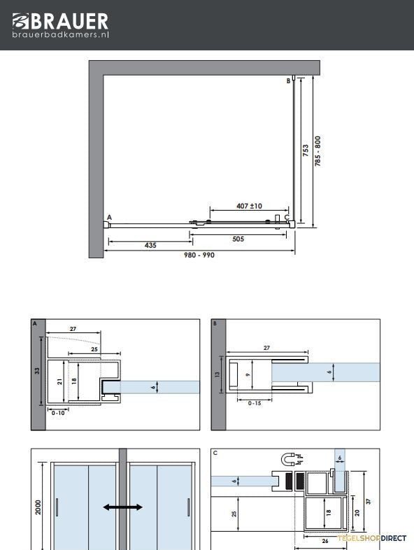BRAUER Season douchecabine model B met schuifdeur helder glas 100x80x200 omkeerbaar incl. glascoating Season-Koper – afbeelding 4