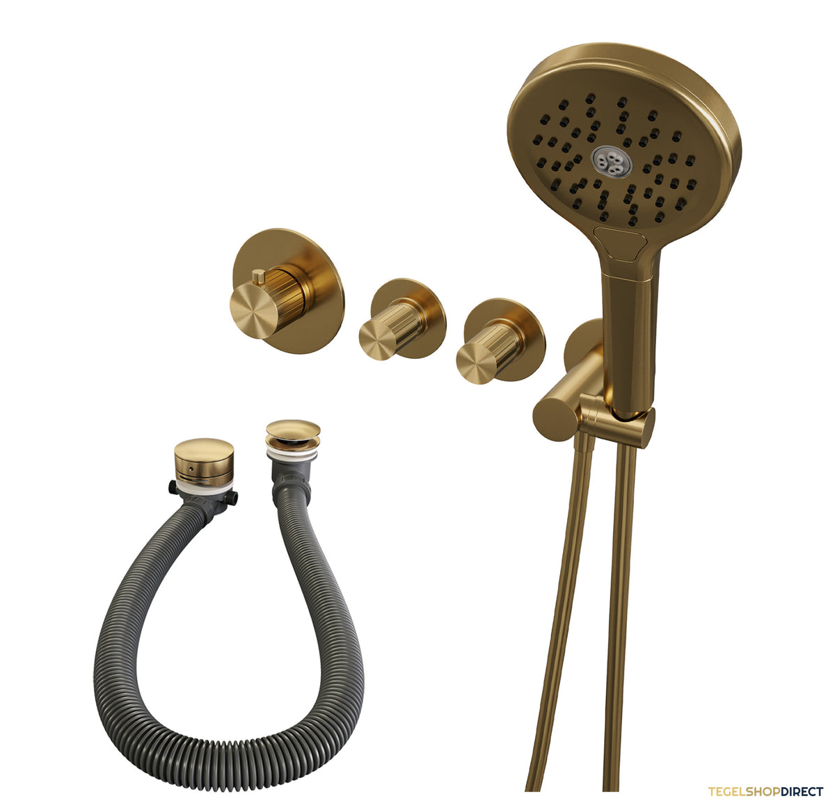 Brauer Stripe thermostatische inbouw badkraan SET 02 met badvulcombinatie en 3-standen handdouche en doucheslang en wandaansluitbocht goud geborsteld PVD – afbeelding 2