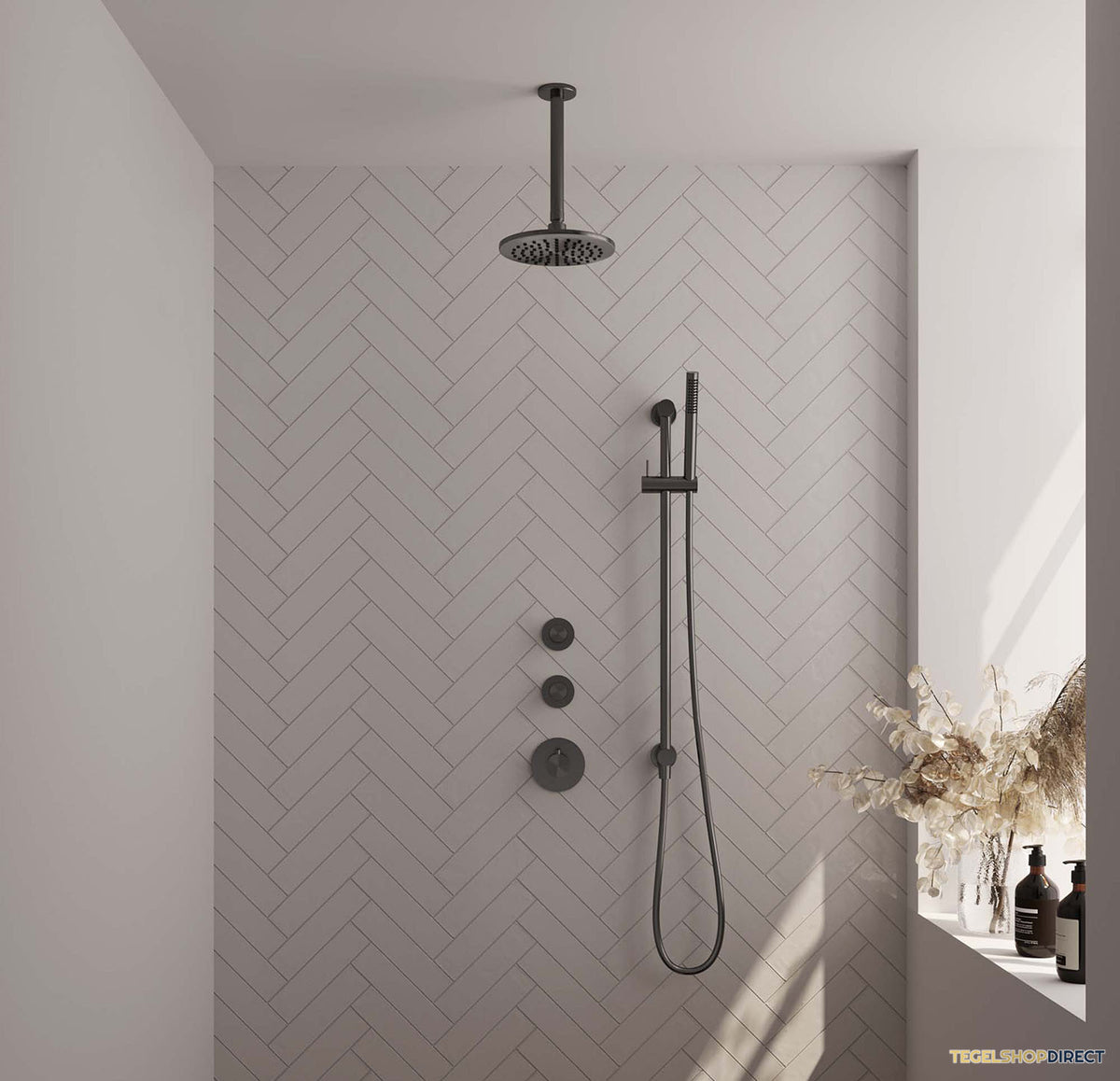 Regendoucheset Inbouw Brauer Gunmetal Edition Thermostatisch 20cm met Plafondarm, Glijstang en Handdouche Staaf Losse Stopkranen Geborsteld Gunmetal