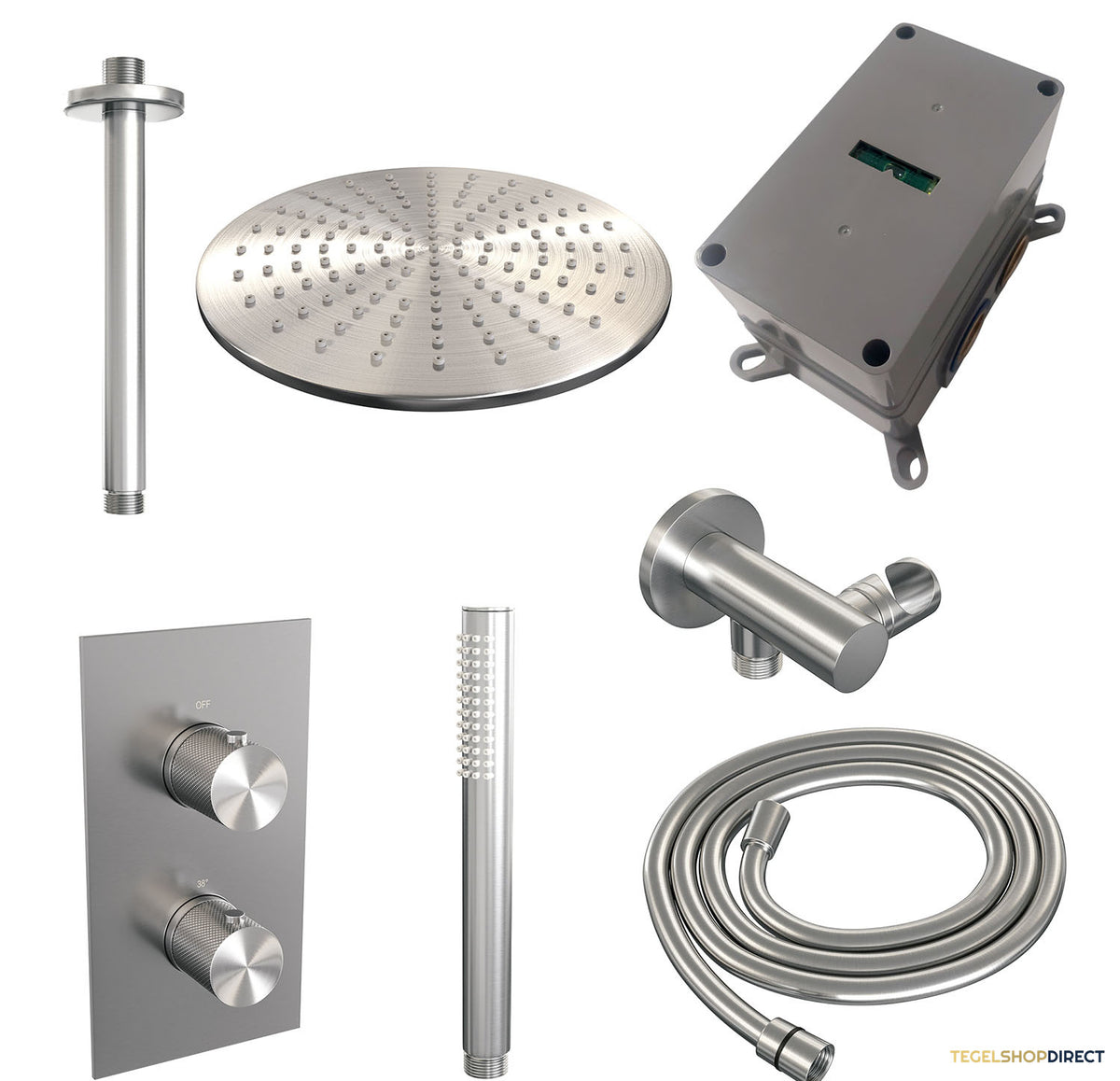 Regendoucheset Inbouw Brauer Brushed Carving Thermostatisch 30cm met 3-Weg Omstelling, Plafondarm en Staaf Handdouche Geborsteld RVS – afbeelding 3