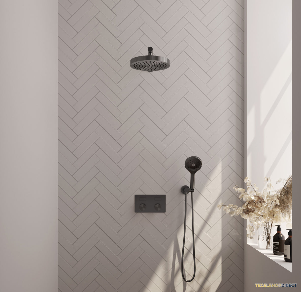 Brauer Stripe thermostatische inbouw regendouche met drukknoppen SET 28 met 25 cm douchekop en rechte muurarm en 3-standen handdouche en doucheslang en wandaansluitbocht gunmetal geborsteld PVD