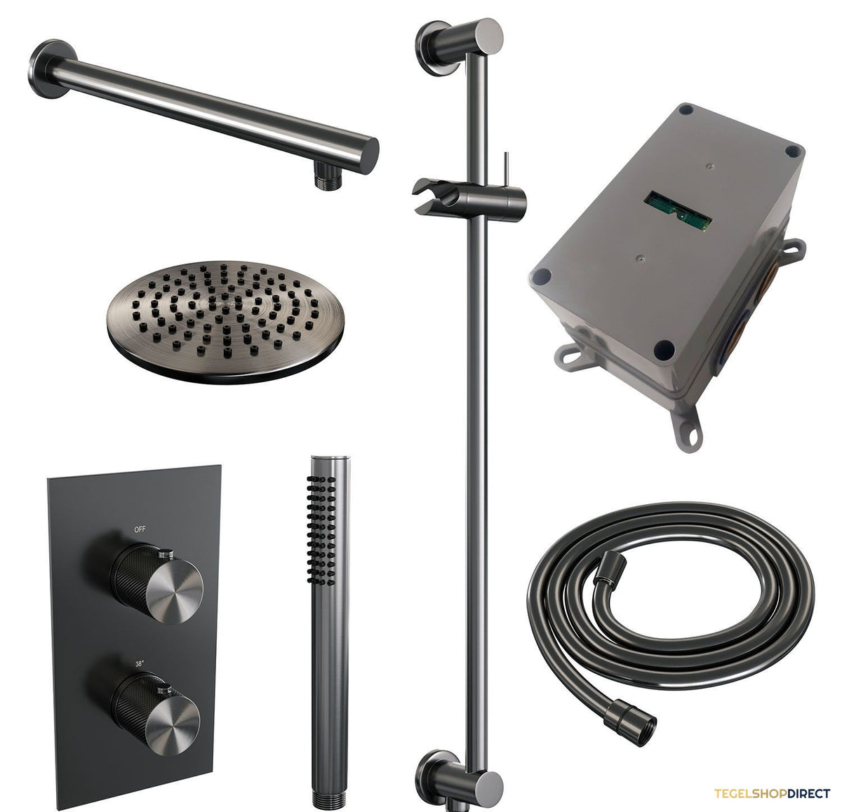 Regendoucheset Inbouw Brauer Gunmetal Carving Thermostatisch 20cm met 3-Weg Omstelling, Wandarm, Glijstang en Staaf Handdouche Geborsteld Gunmetal – afbeelding 4
