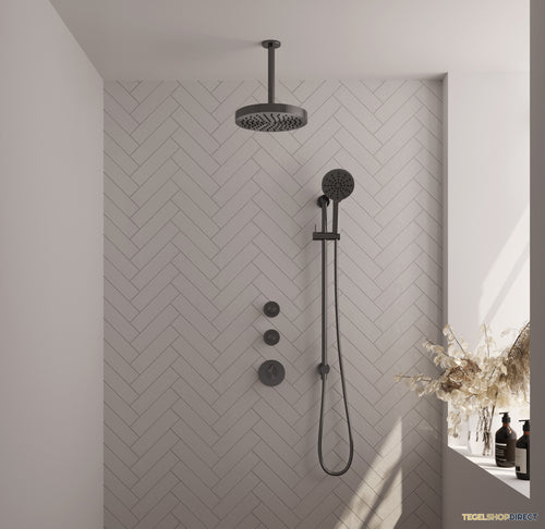 Brauer Stripe thermostatische inbouw regendouche SET 12 met 25 cm douchekop en plafondarm en 3-standen handdouche en doucheslang en geintegreerde glijstang gunmetal geborsteld PVD