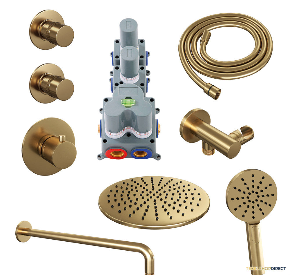 Regendoucheset Inbouw Brauer Gold Edition Thermostatisch 30cm met Gebogen Wandarm en Handdouche 3-Standen Losse Stopkranen Geborsteld Goud – afbeelding 2