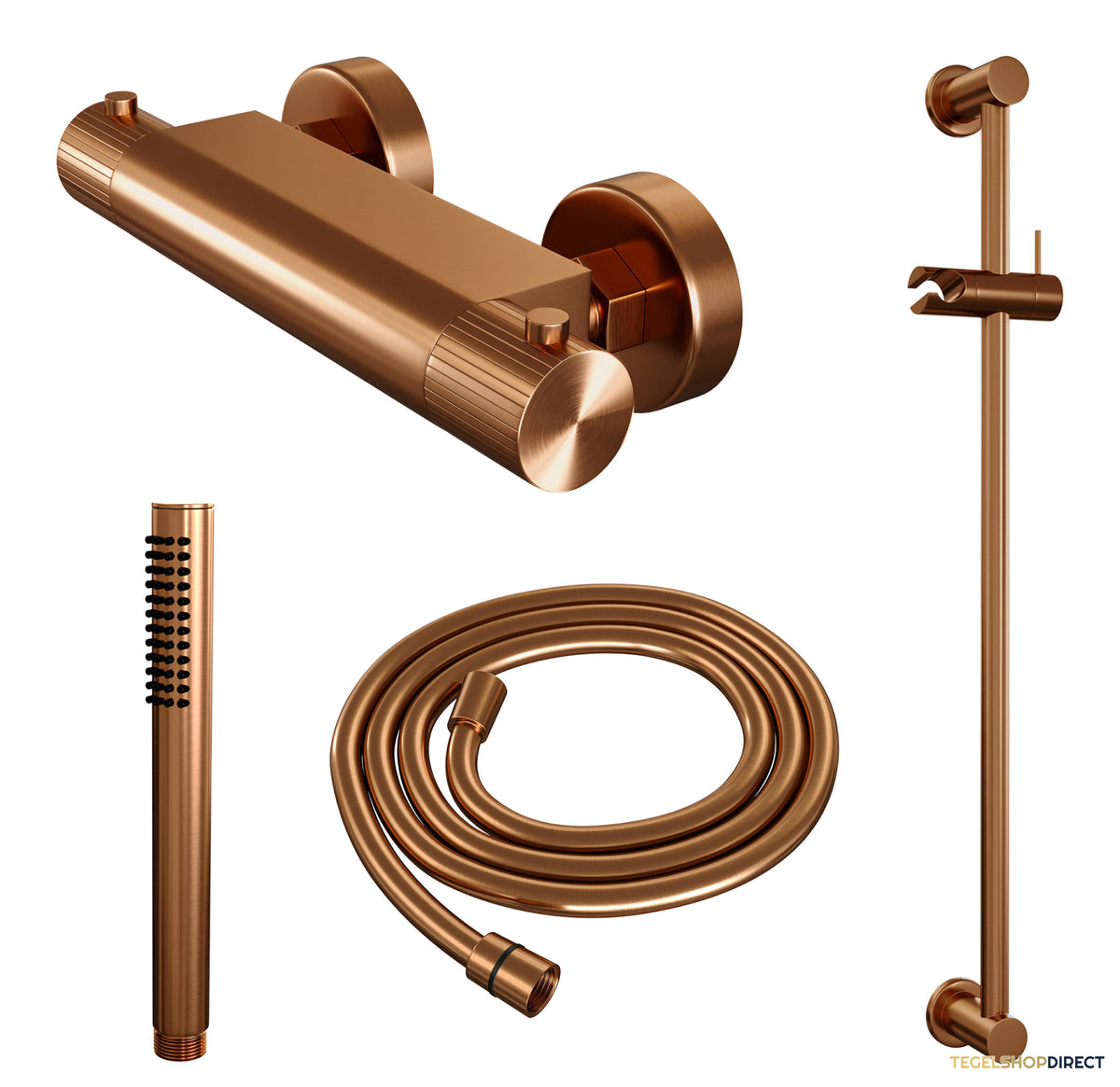 Brauer Stripe opbouw douche thermostaatkraan SET 01 met glijstang en staaf handdouche en doucheslang koper geborsteld PVD – afbeelding 3