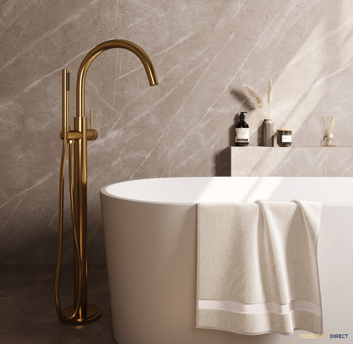 Brauer Stripe vrijstaande badmengkraan SET 01 met staaf handdouche en doucheslang goud geborsteld PVD
