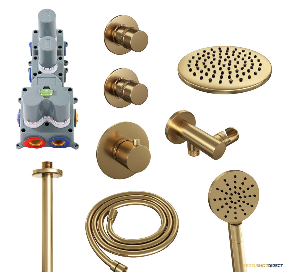 Regendoucheset Inbouw Brauer Gold Edition Thermostatisch 20cm met Plafondarm en Handdouche 3-Standen Losse Stopkranen Geborsteld Goud – afbeelding 2