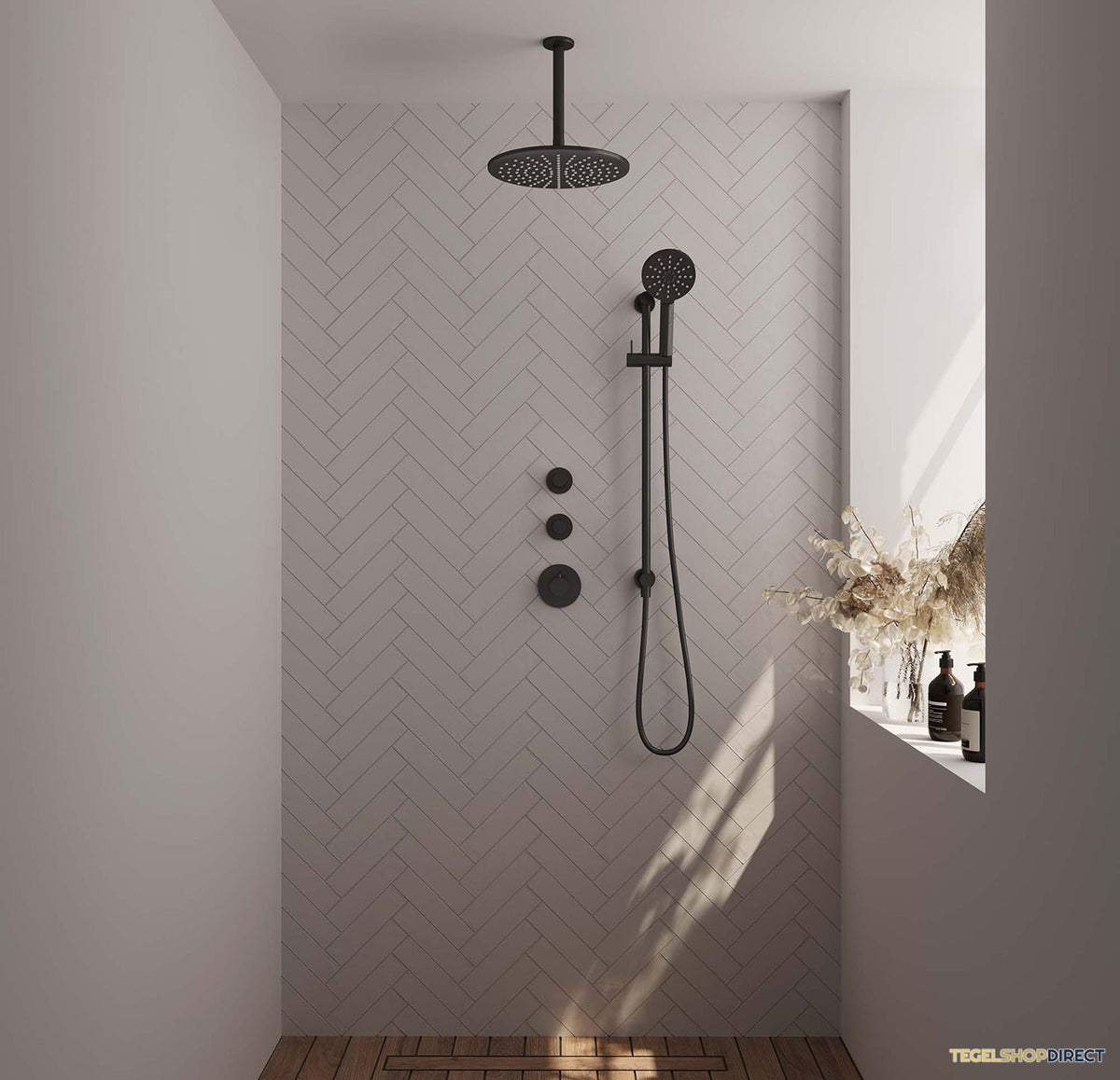 Regendoucheset Inbouw Brauer Black Carving Thermostatisch 30cm met Plafondarm, Glijstang en Handdouche 3-Standen Mat Zwart – afbeelding 2