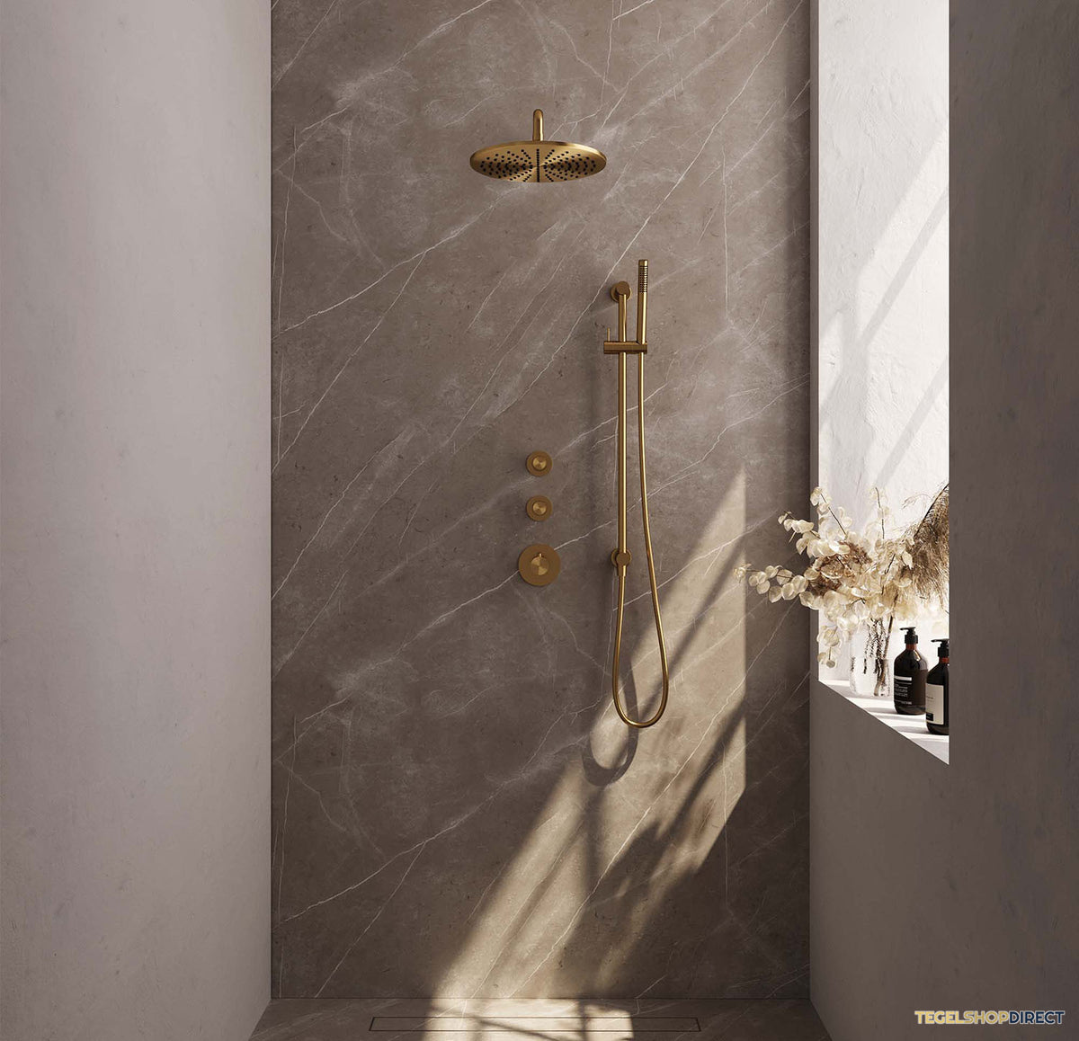 Regendoucheset Inbouw Brauer Gold Carving Thermostatisch 30cm met Gebogen Wandarm, Glijstang en Handdouche Staaf Losse Stopkranen Geborsteld Goud – afbeelding 2