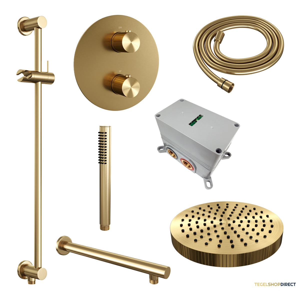 Brauer Stripe thermostatische inbouw regendouche 3-weg rond SET 43 met 25 cm douchekop en rechte muurarm en staaf handdouche en doucheslang en geintegreerde glijstang goud geborsteld PVD – afbeelding 3