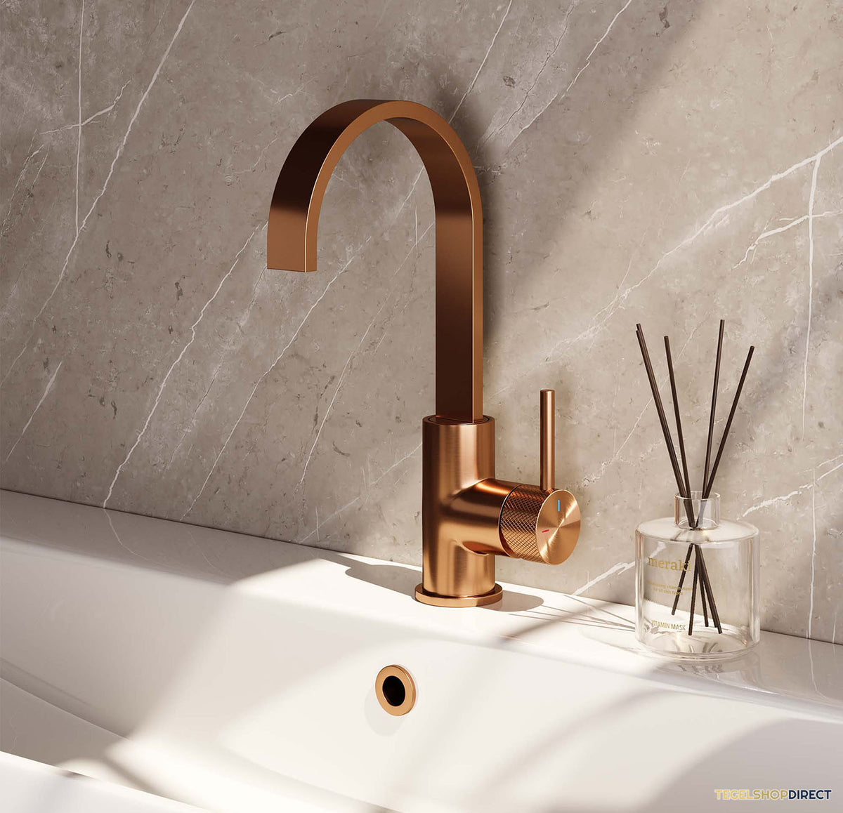 Wastafelmengkraan Brauer Copper Carving Coldstart Opbouw Hoog Plat Gebogen Ronde Hendel Geborsteld Koper PVD PVD – afbeelding 2
