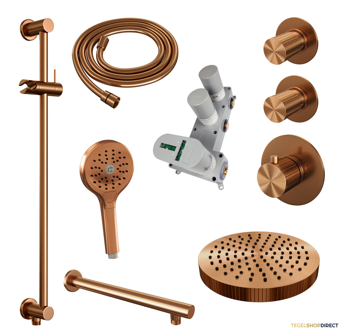 Brauer Stripe thermostatische inbouw regendouche SET 10 met 25 cm douchekop en rechte muurarm en 3-standen handdouche en doucheslang en geintegreerde glijstang koper geborsteld PVD – afbeelding 3