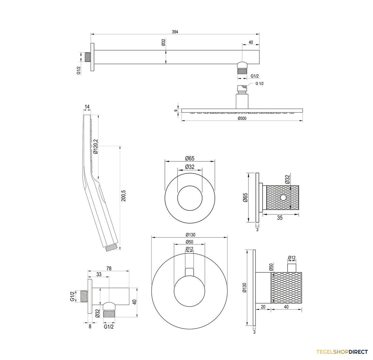 Regendoucheset Inbouw Brauer Gunmetal Carving Thermostatisch 30cm met Wandarm en Handdouche 3-Standen Losse Stopkranen Geborsteld Gunmetal – afbeelding 12