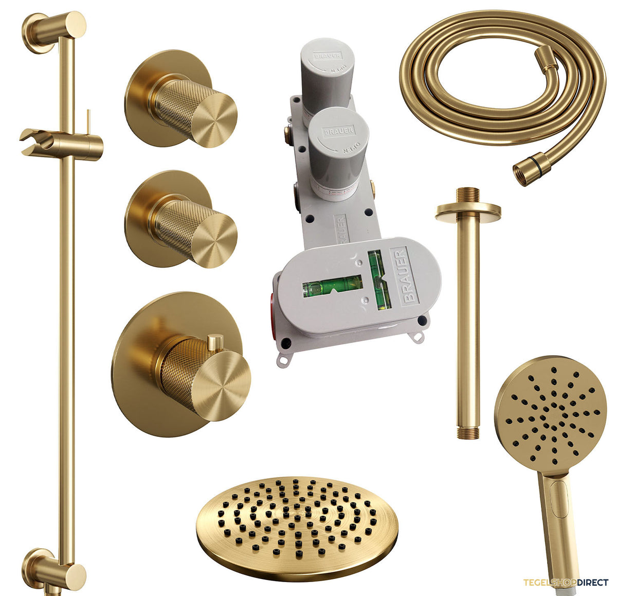 Regendoucheset Inbouw Brauer Gold Carving Thermostatisch 20cm met Plafondarm, Glijstang en Handdouche 3-Standen Losse Stopkranen Geborsteld Goud – afbeelding 4