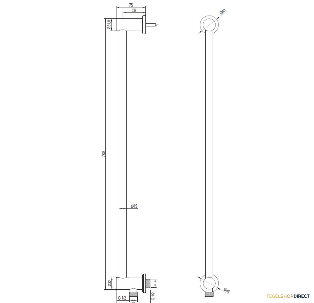 Glijstang Brauer Copper 70 cm Met Wandaansluitbocht Koper – afbeelding 2