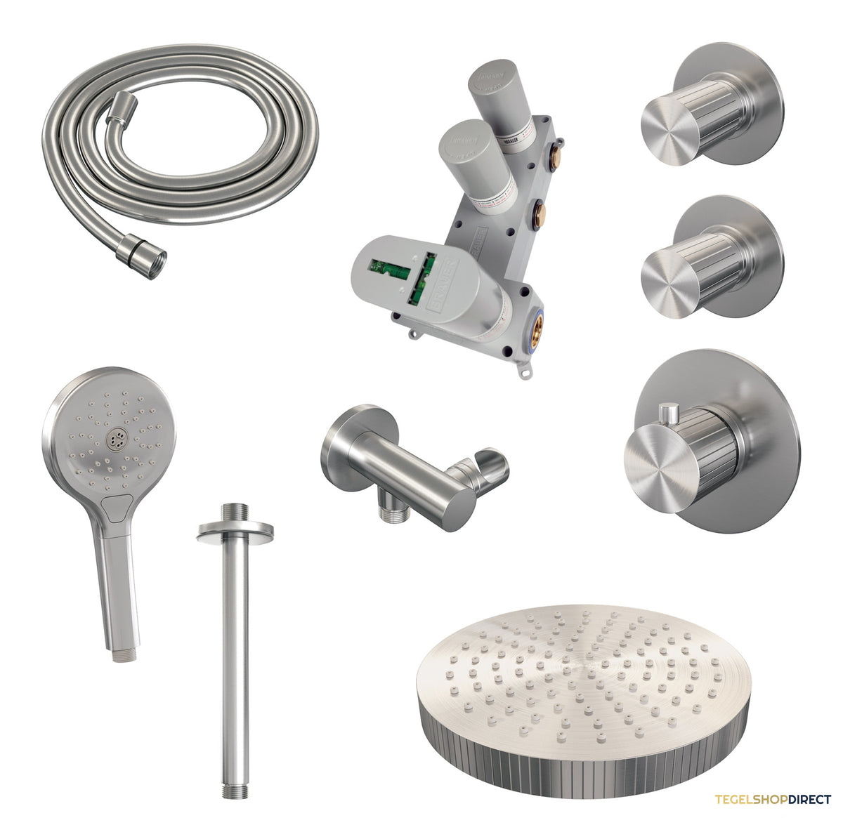 Brauer Stripe thermostatische inbouw regendouche SET 06 met 25 cm douchekop en plafondarm en 3-standen handdouche en doucheslang en wandaansluitbocht RVS-kleurig geborsteld PVD – afbeelding 3