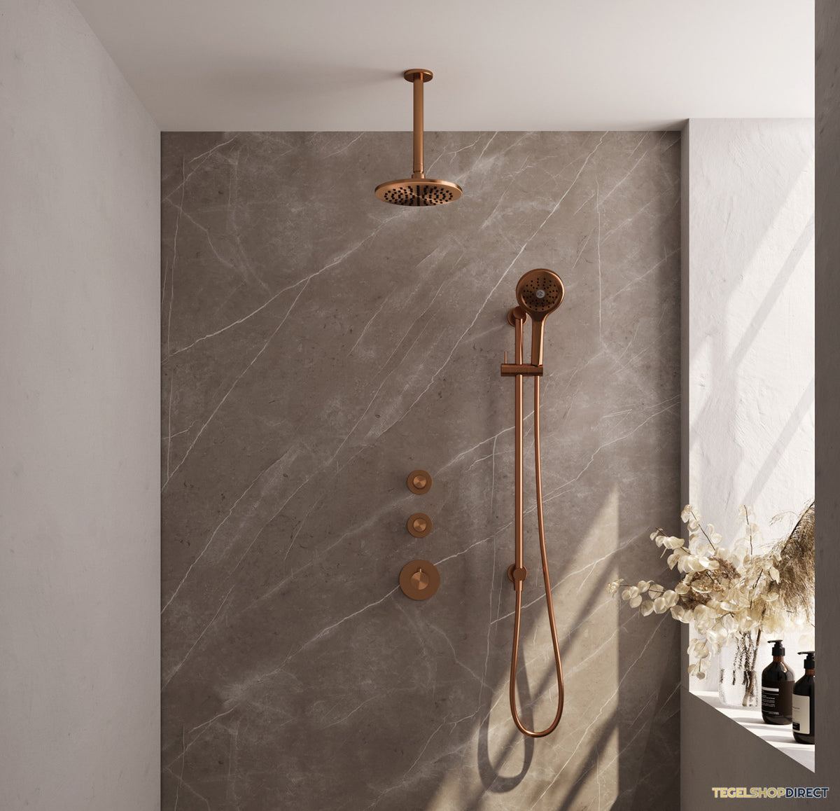 Regendoucheset Inbouw Brauer Copper Carving Thermostatisch 20cm met Plafondarm, Glijstang en Handdouche 3-Standen Losse Stopkranen Geborsteld Koper