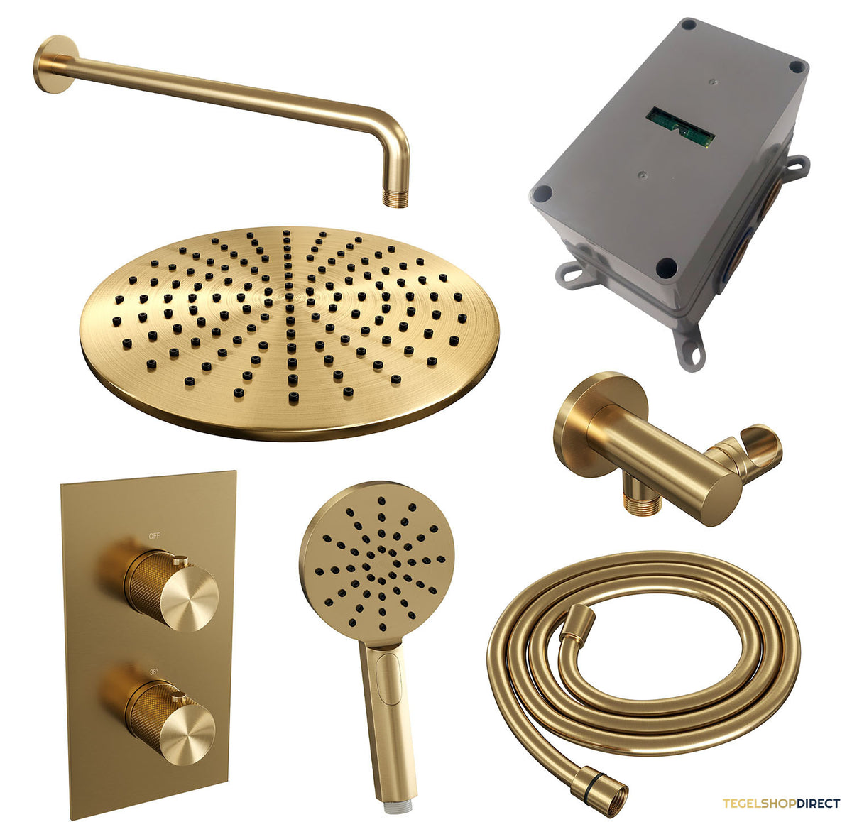 Regendoucheset Inbouw Brauer Gold Carving Thermostatisch 30cm met 3-Weg Omstelling, Gebogen Wandarm en 3-Standen Handdouche Geborsteld Goud – afbeelding 4