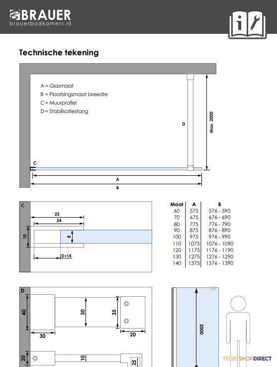 BRAUER Season inloopdouche model C helder glas 130x200 incl. glascoating mat zwart – afbeelding 5