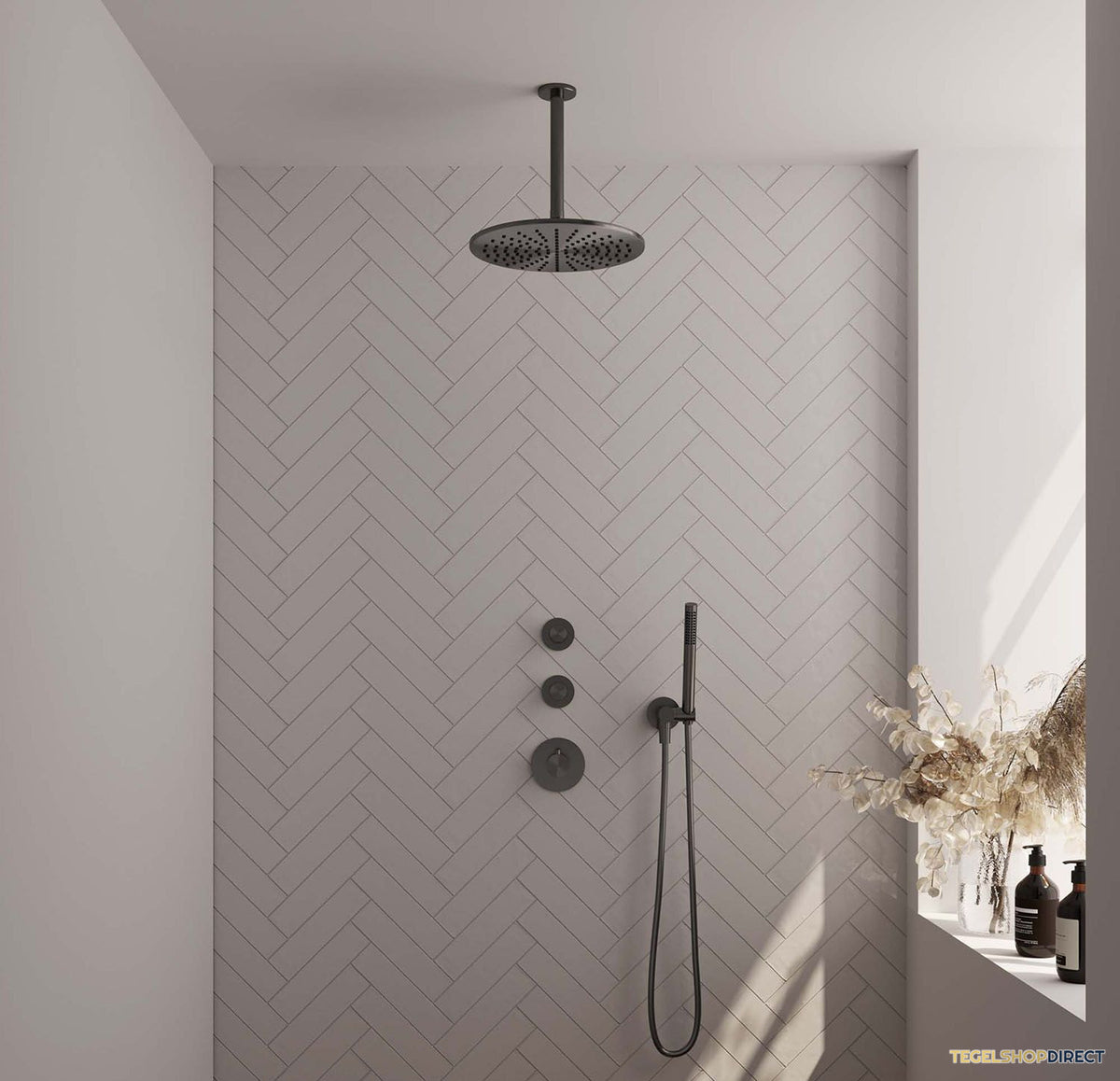 Regendoucheset Inbouw Brauer Gunmetal Edition Thermostatisch 30cm met Plafondarm en Handdouche Staaf Losse Stopkranen Geborsteld Gunmetal
