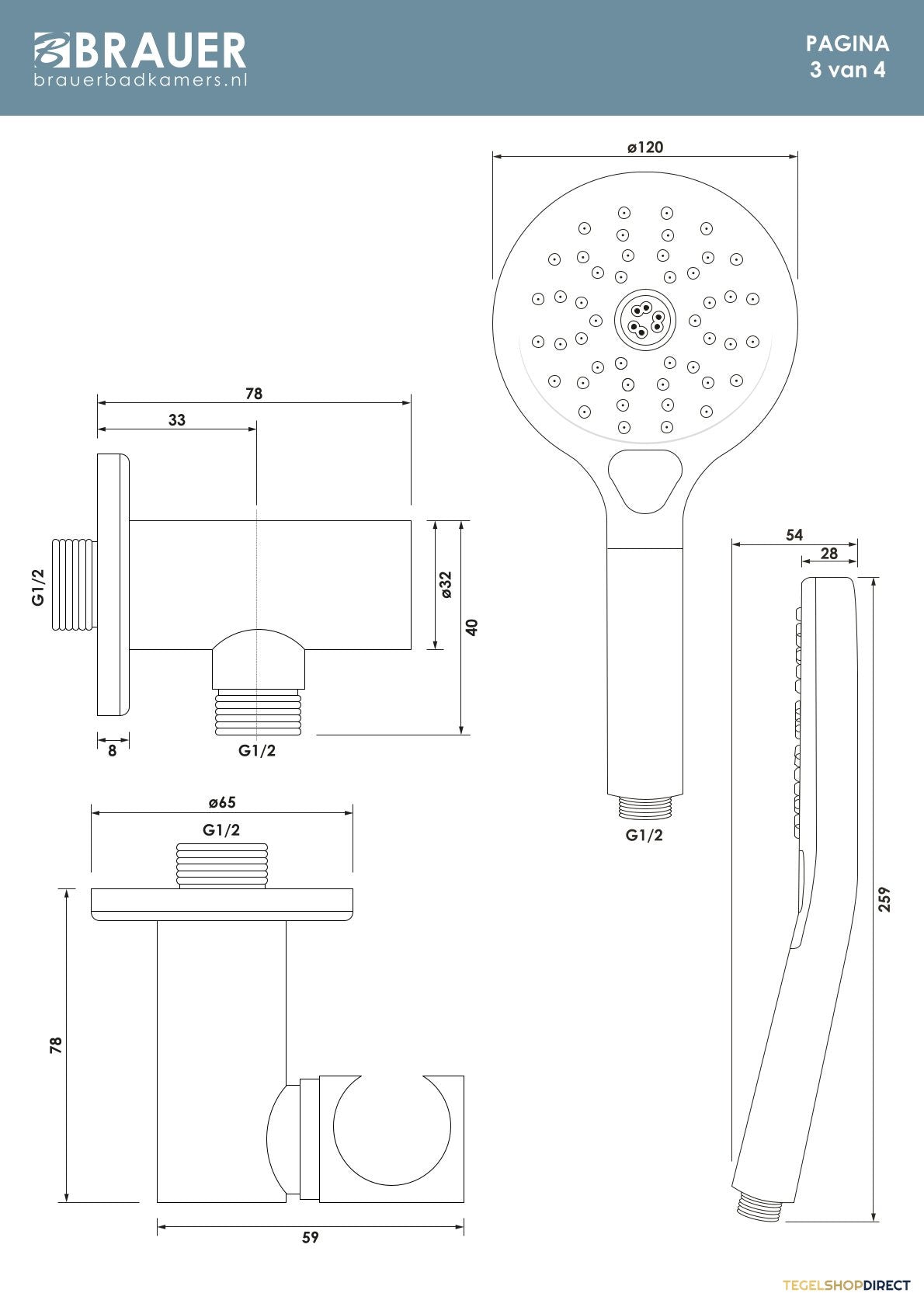 Brauer Stripe thermostatische inbouw regendouche 3-weg rond SET 40 met 25 cm douchekop en rechte muurarm en 3-standen handdouche en doucheslang en wandaansluitbocht mat zwart – afbeelding 11