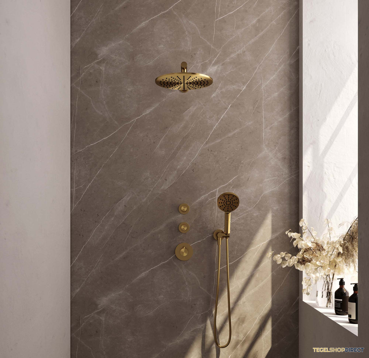 Regendoucheset Inbouw Brauer Gold Edition Thermostatisch 30cm met Wandarm en Handdouche 3-Standen Losse Stopkranen Geborsteld Goud