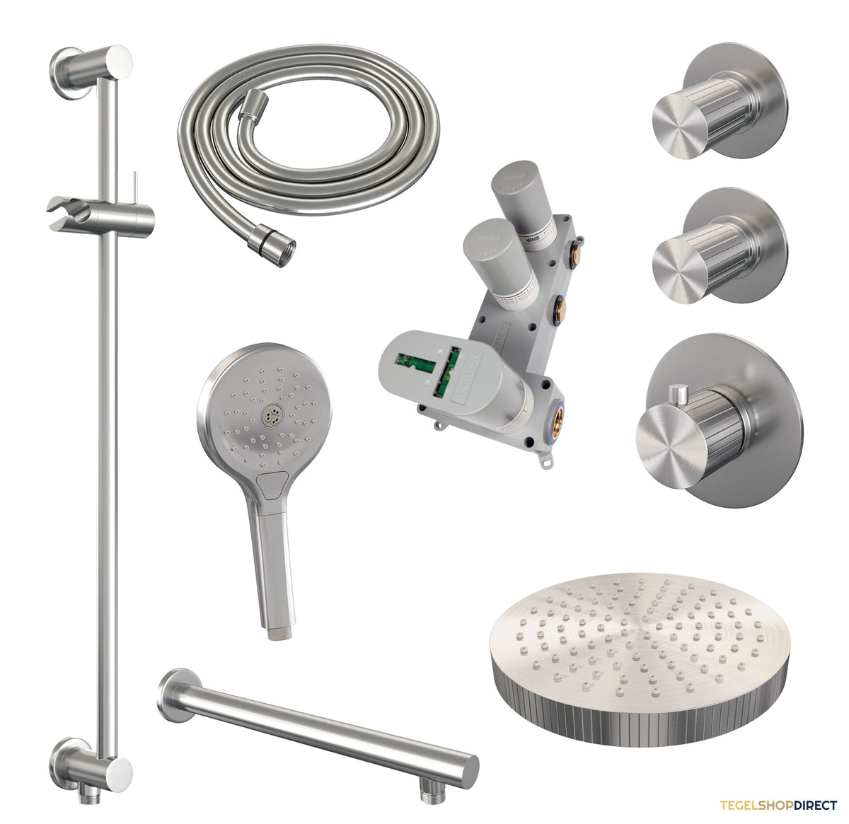 Brauer Stripe thermostatische inbouw regendouche SET 10 met 25 cm douchekop en rechte muurarm en 3-standen handdouche en doucheslang en geintegreerde glijstang RVS-kleurig geborsteld PVD – afbeelding 3
