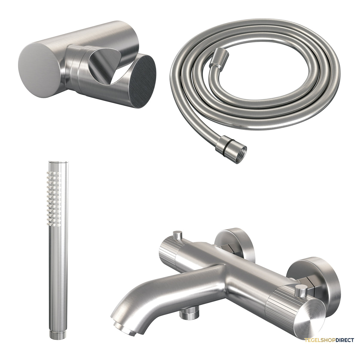 Brauer Stripe opbouw baddouche thermostaatkraan SET 03 met wandhouder en staaf handdouche en doucheslang RVS-kleurig geborsteld PVD – afbeelding 2