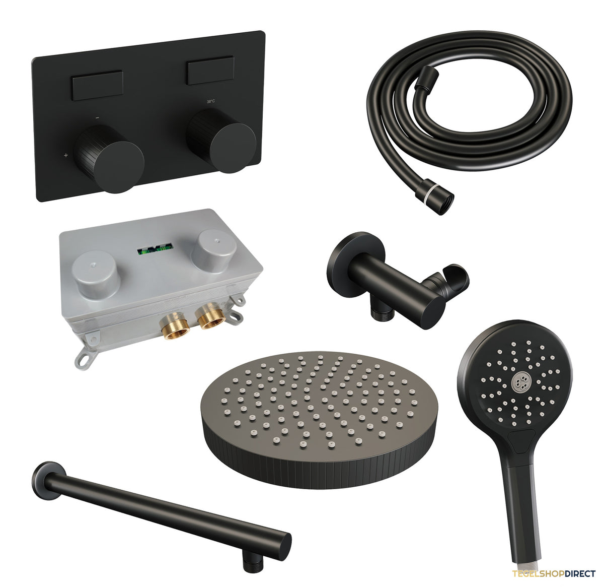 Brauer Stripe thermostatische inbouw regendouche met drukknoppen SET 28 met 25 cm douchekop en rechte muurarm en 3-standen handdouche en doucheslang en wandaansluitbocht mat zwart – afbeelding 3