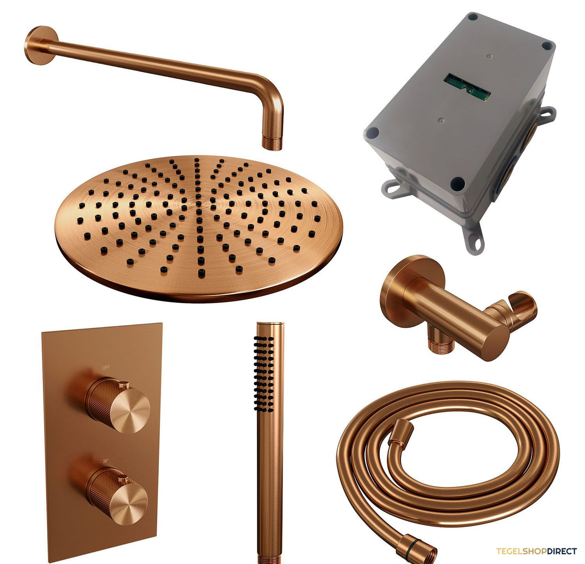 Regendoucheset Inbouw Brauer Copper Carving Thermostatisch 30cm met 3-Weg Omstelling, Gebogen Wandarm en Staaf Handdouche Geborsteld Koper – afbeelding 3