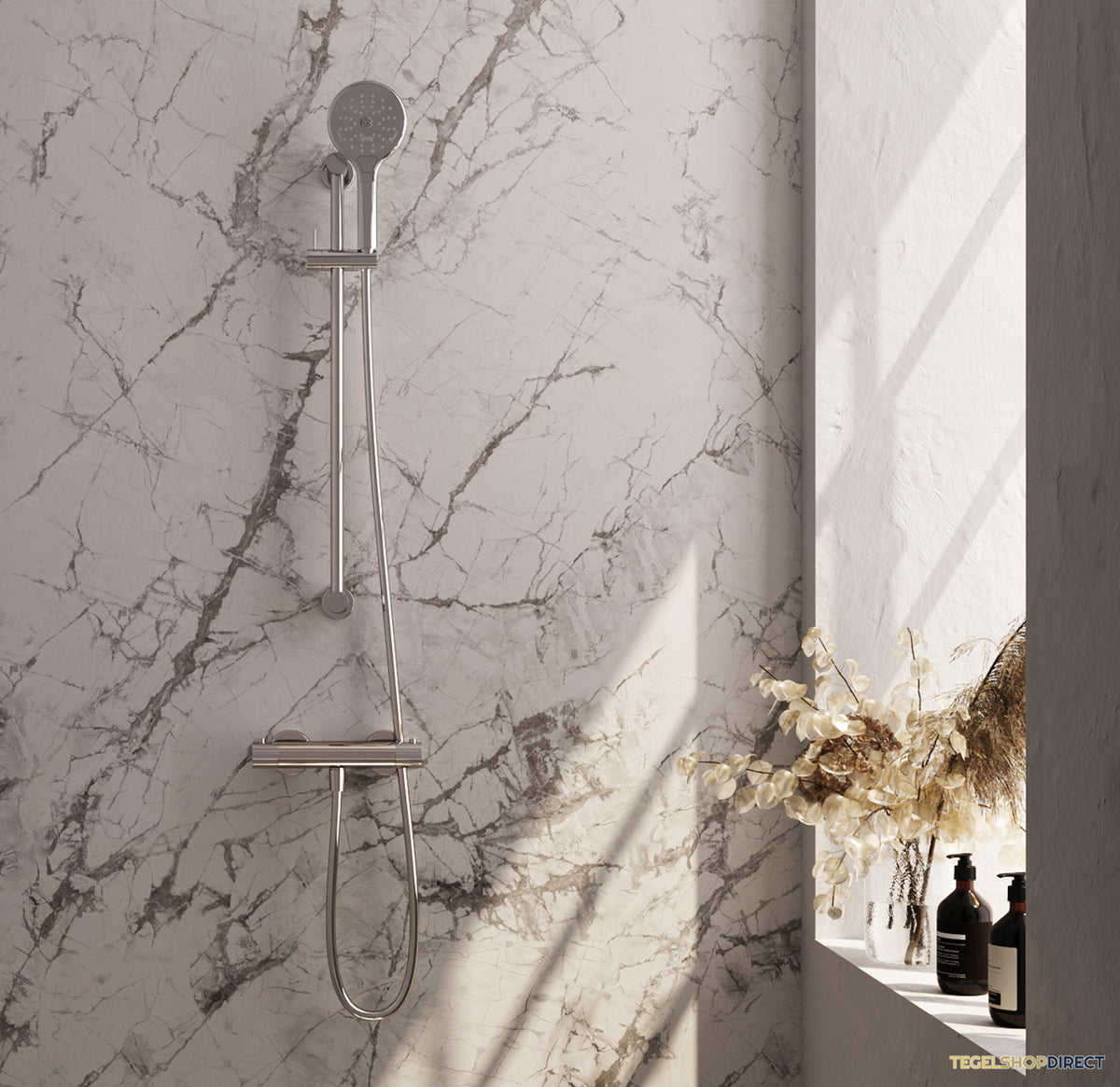 Brauer Stripe opbouw douche thermostaatkraan SET 02 met glijstang en 3-standen handdouche en doucheslang chroom