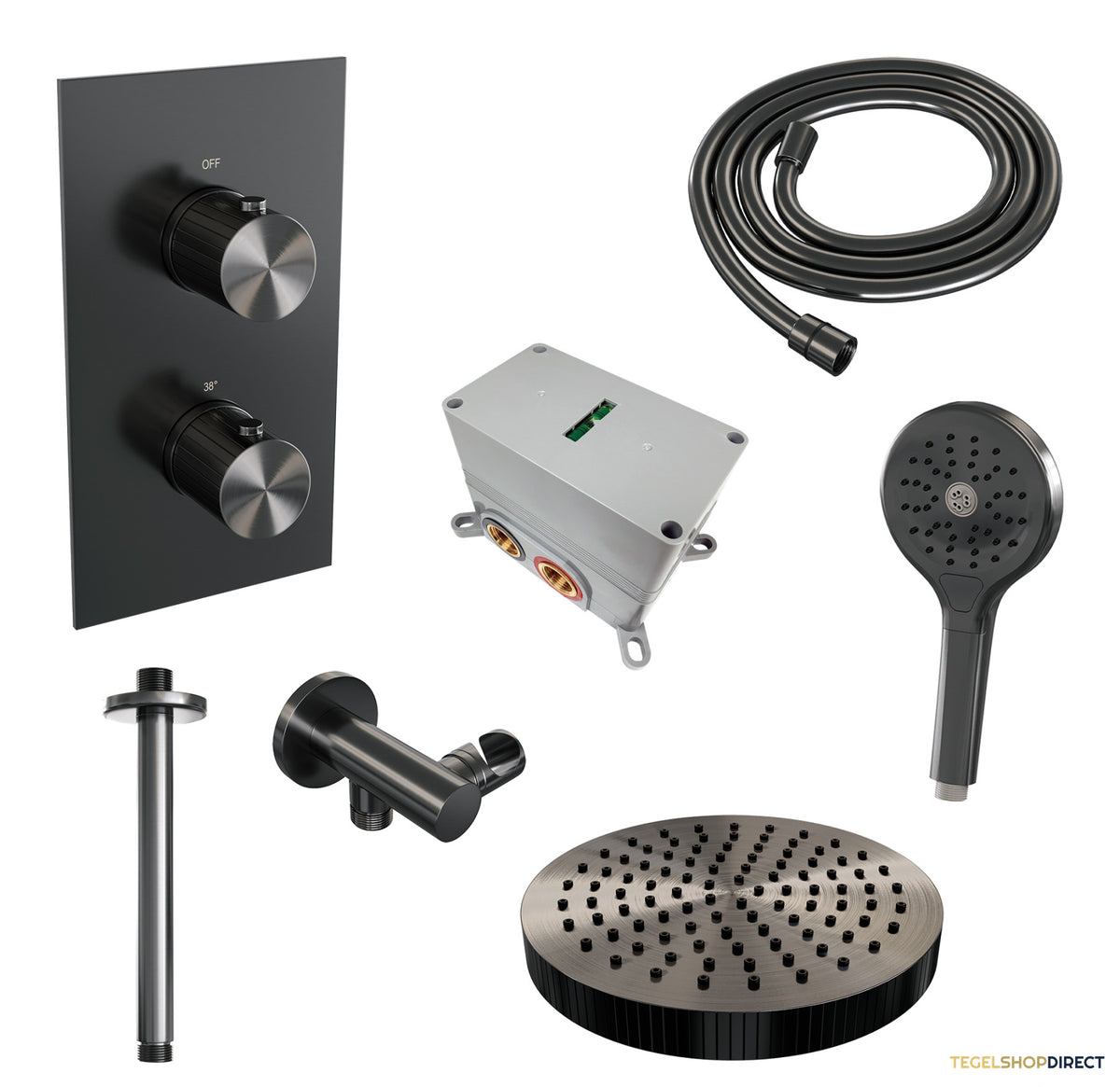 Brauer Stripe thermostatische inbouw regendouche 3-weg rechthoekig SET 18 met 25 cm douchekop en plafondarm en 3-standen handdouche en doucheslang en wandaansluitbocht gunmetal geborsteld PVD – afbeelding 3
