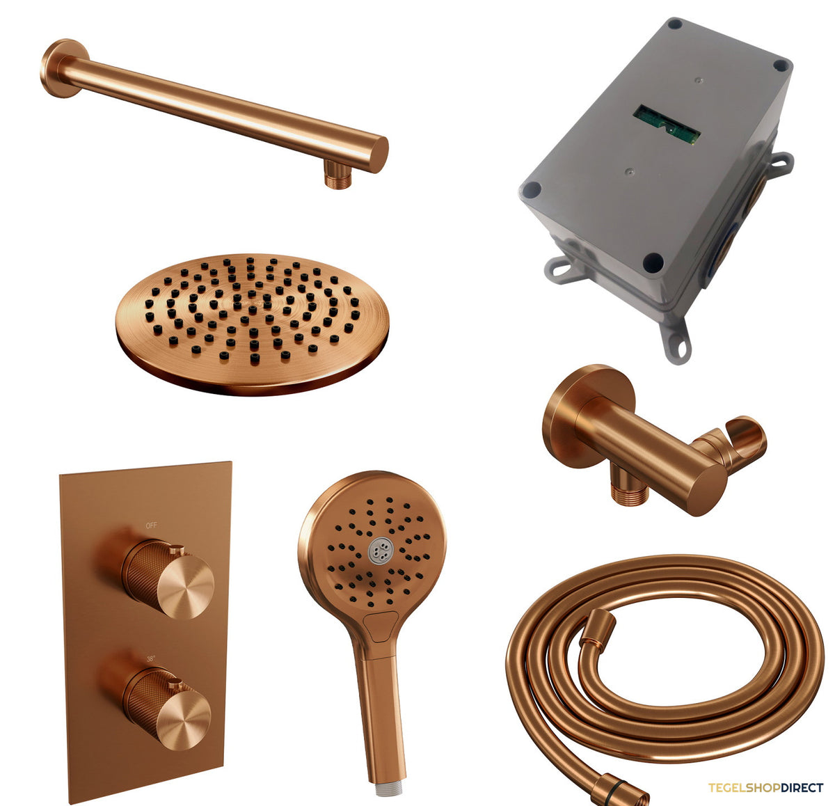 Regendoucheset Inbouw Brauer Copper Carving Thermostatisch 20cm met 3-Weg Omstelling, Wandarm en 3-Standen Handdouche Geborsteld Koper – afbeelding 9