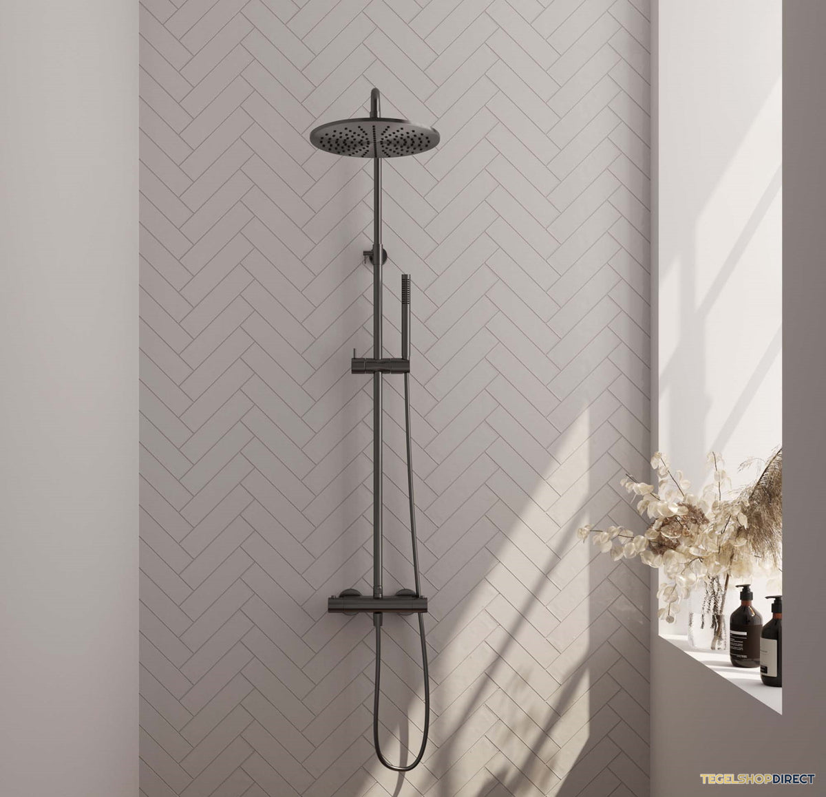 Regendoucheset Opbouw Brauer Gunmetal Edition 30 cm Thermostatisch met Staaf Handdouche Geborsteld Gunmetal
