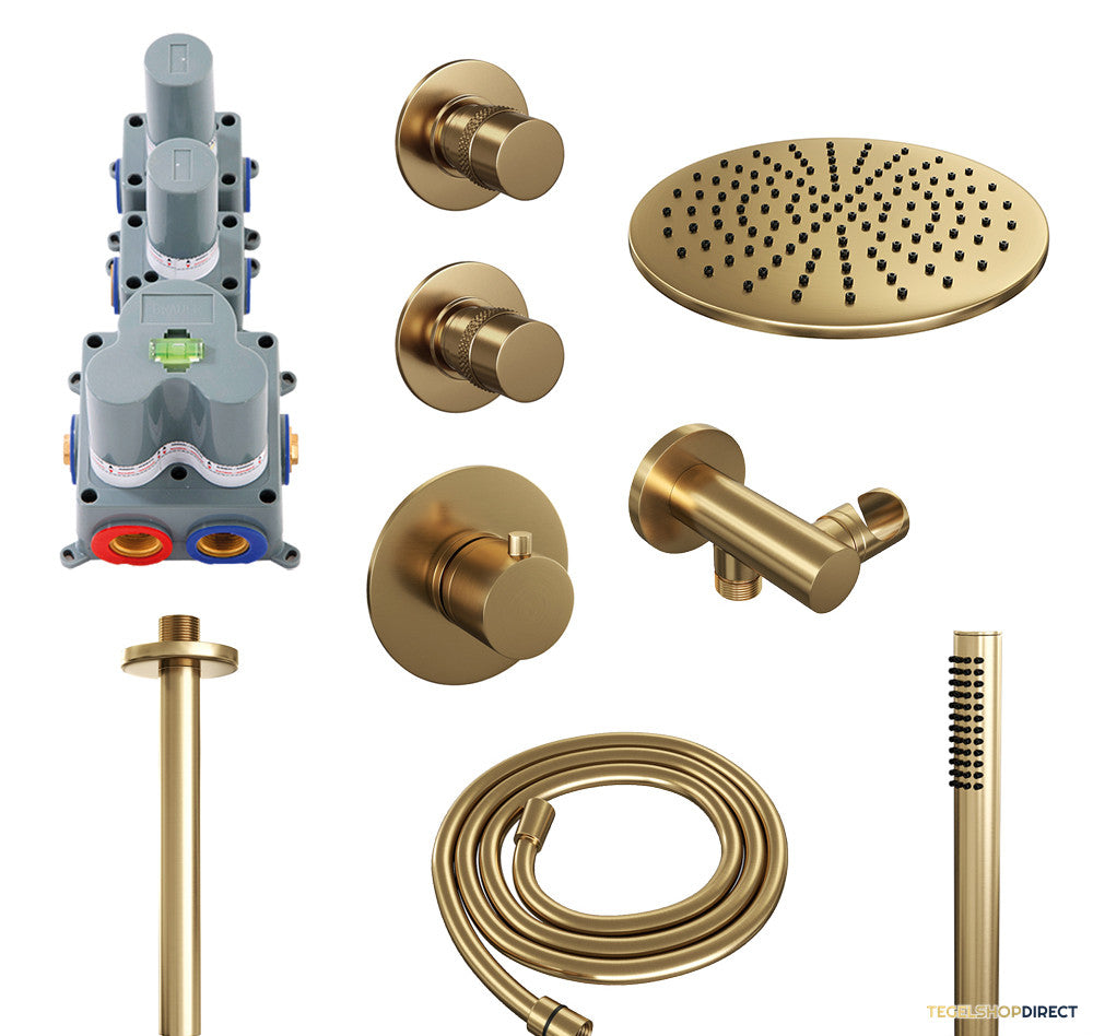 Regendoucheset Inbouw Brauer Gold Edition Thermostatisch 30cm met Plafondarm en Handdouche Staaf Losse Stopkranen Geborsteld Goud – afbeelding 2