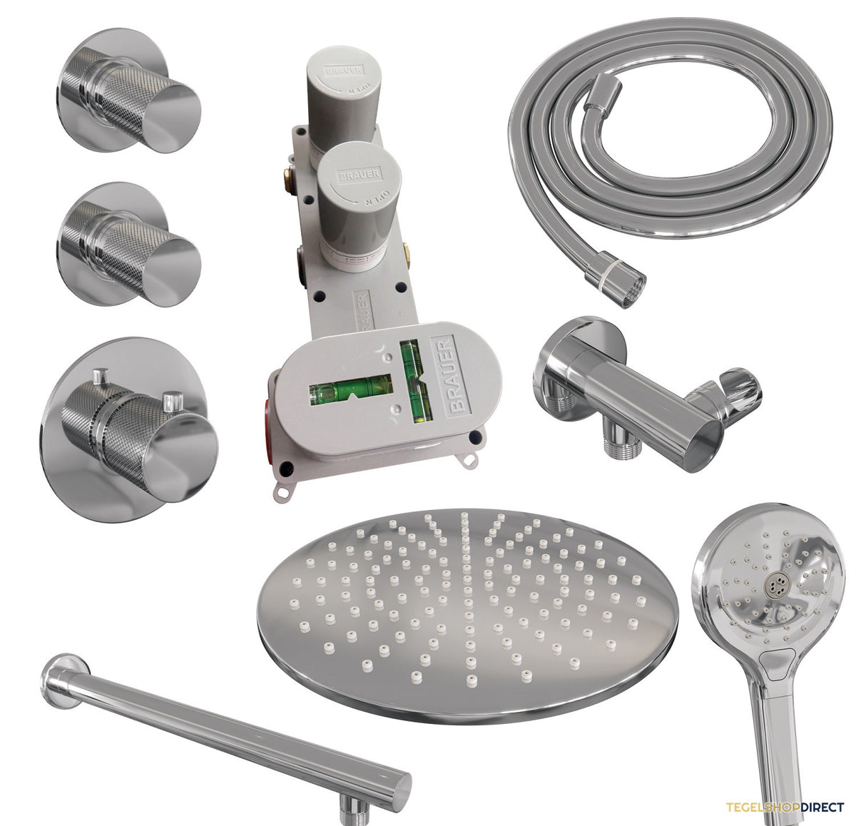 Regendoucheset Inbouw Brauer Chrome Carving Thermostatisch 30cm met Wandarm en Handdouche 3-Standen Losse Stopkranen Chroom – afbeelding 11