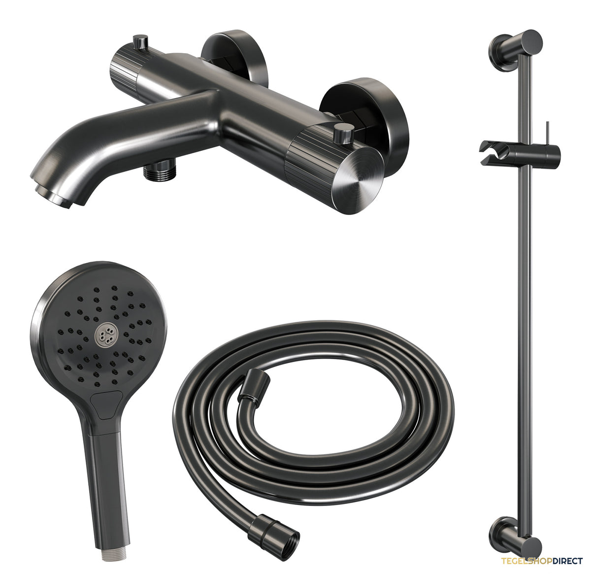 Brauer Stripe opbouw baddouche thermostaatkraan SET 02 met glijstang en 3-standen handdouche en doucheslang gunmetal geborsteld PVD – afbeelding 2